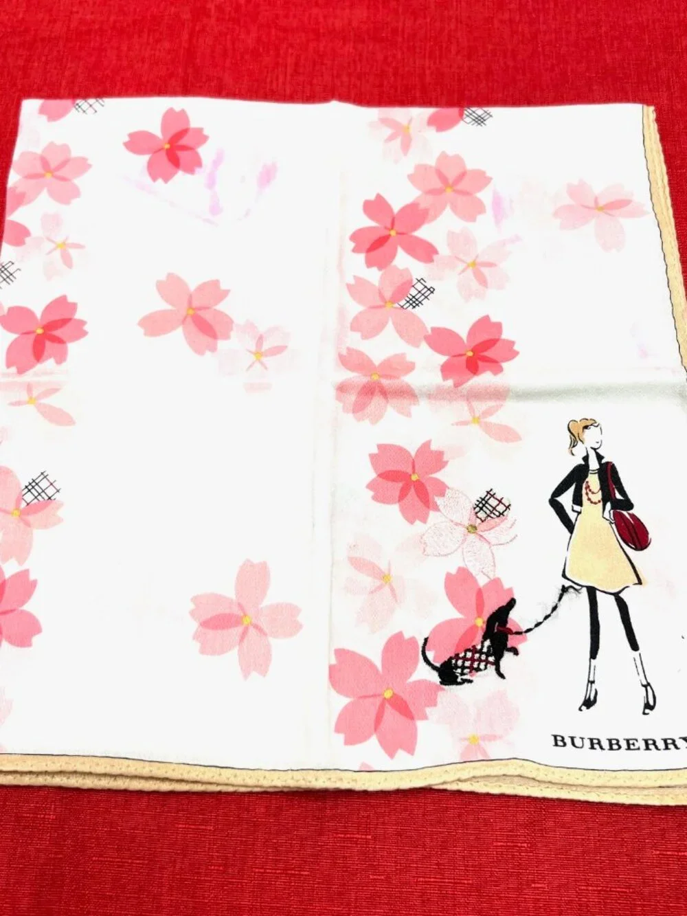 Burberrys Mini Scarf cotton 19.5" ligh peach pink flora embroidered dogs (88) - Picture 6 of 9